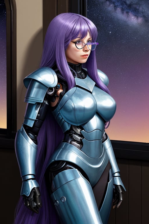 female crystal cyborg. leather silvery blue armour. long flowing purple hair. green glasses. stands by a window. the milky...