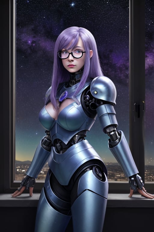 female crystal cyborg. leather silvery blue armour. long flowing purple hair. green glasses. stands by a window. the milky...