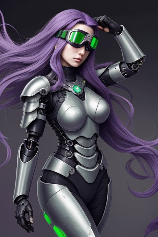 female crystal cyborg. leather armour. long flowing purple hair. green goggles. by XenWydic on Tensor.Art