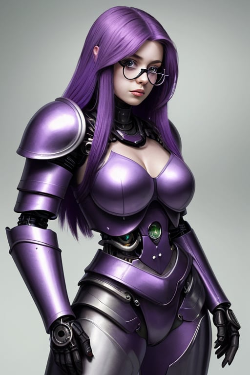 female crystal cyborg. leather armour. long flowing purple hair. green glasses. by XenWydic on Tensor.Art