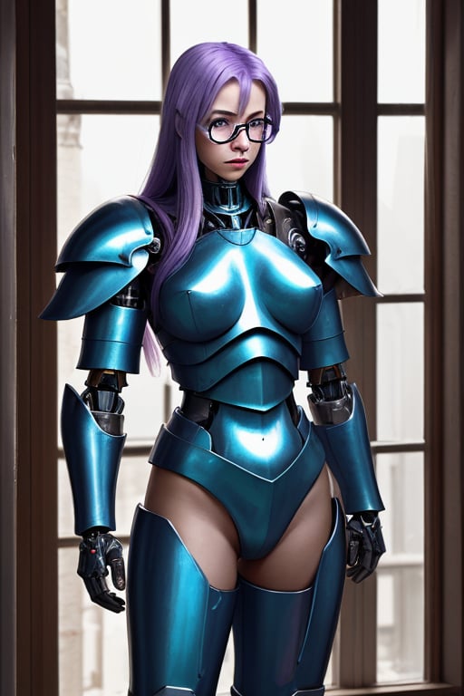 female crystal cyborg. leather silvery blue armour. long flowing purple hair. green glasses. stands by a window. by XenWyd...