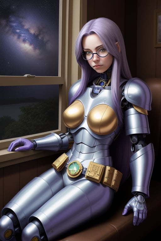 female crystal cyborg. leather silvery blue armour. long flowing purple hair. green glasses. seated by a window. the milky...