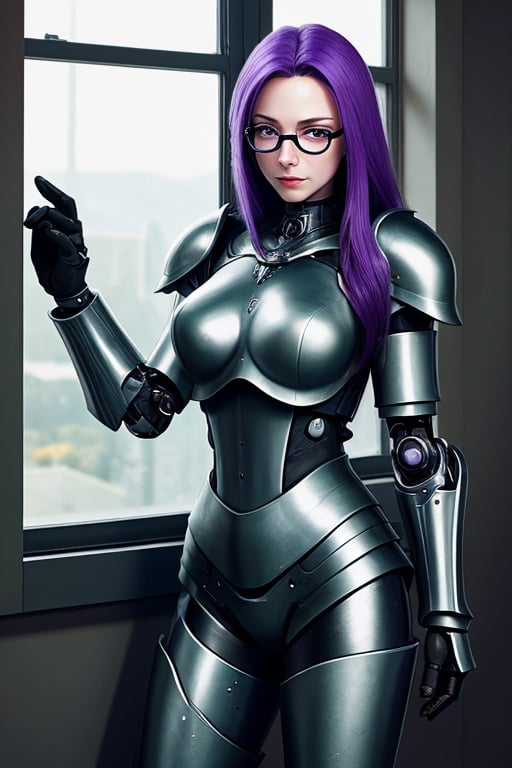 female crystal cyborg. leather armour. long flowing purple hair. green glasses. stands by a window. by XenWydic on Tensor.Art