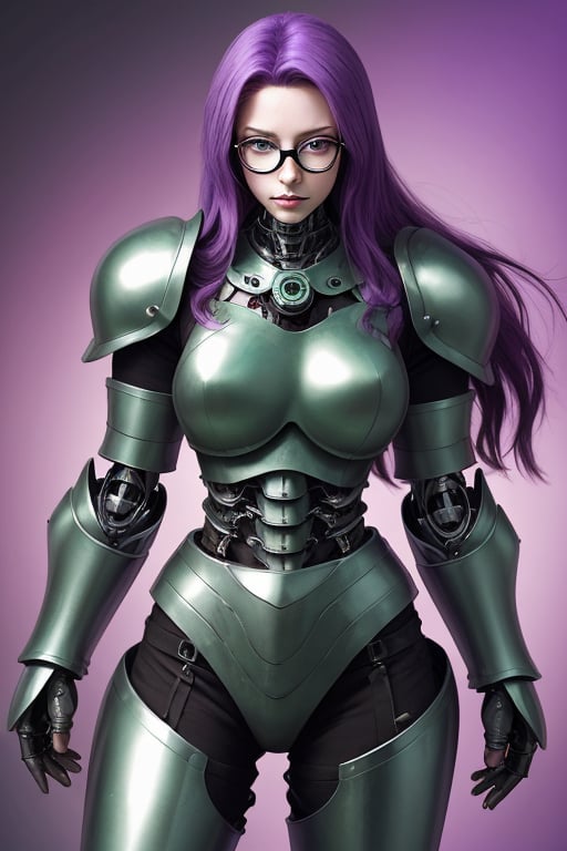 female crystal cyborg. leather armour. long flowing purple hair. green glasses. by XenWydic on Tensor.Art
