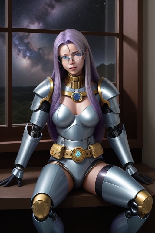 female crystal cyborg. leather silvery blue armour. long flowing purple hair. green glasses. seated by a window. the milky...