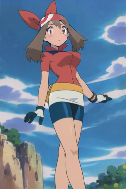 may \(pokemon\), bandana, shirt, skirt, bike shorts, gloves, fanny pack, giant breast,may (pokemon),HUGEFAKETITS