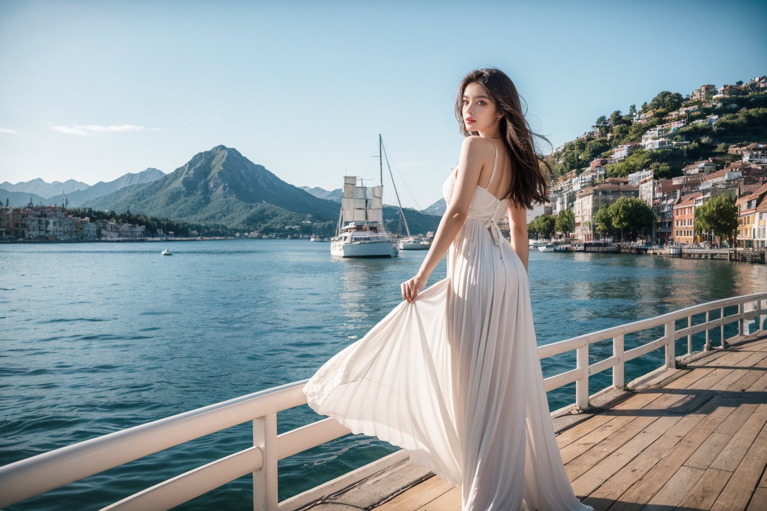 A beautiful young woman with exaggerated,  flowing dark hair stands on a waterfront promenade. She wears an elegant white...