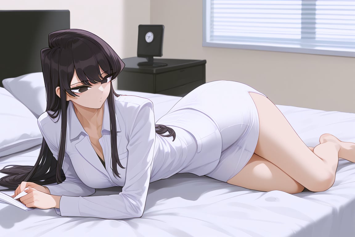 OL,office lady,on bed, bangs, long hair, black eyes,Black hair,Komi shouko,normal feet,mirham,legging