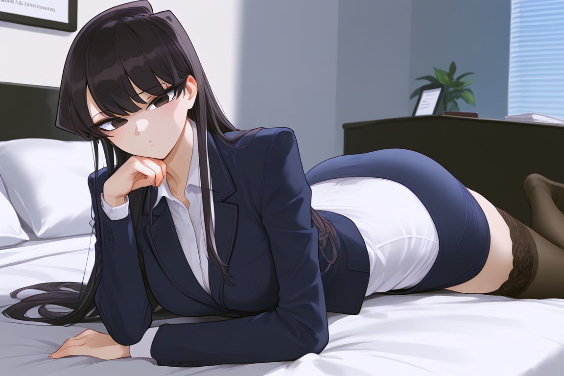 OL,office lady,on bed, bangs, long hair, black eyes,Black hair,Komi shouko,normal feet,mirham, stockings