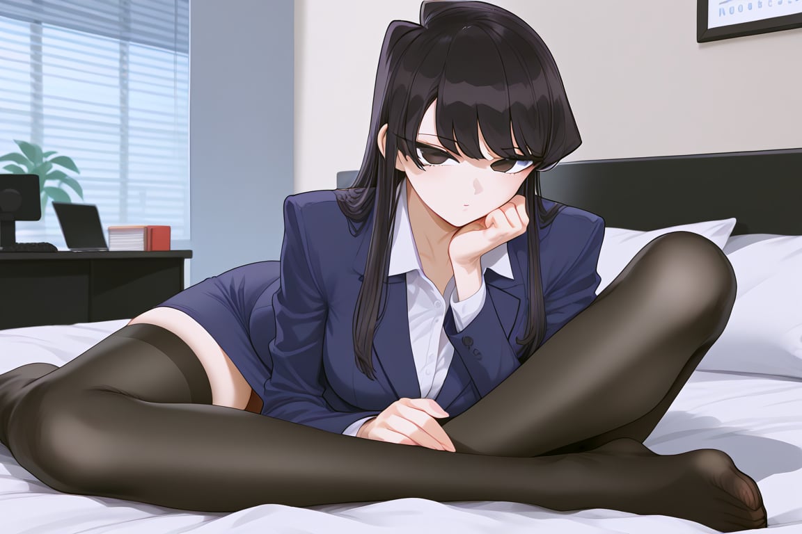 OL,office lady,on bed, bangs, long hair, black eyes,Black hair,Komi shouko,normal feet,mirham, black stockings