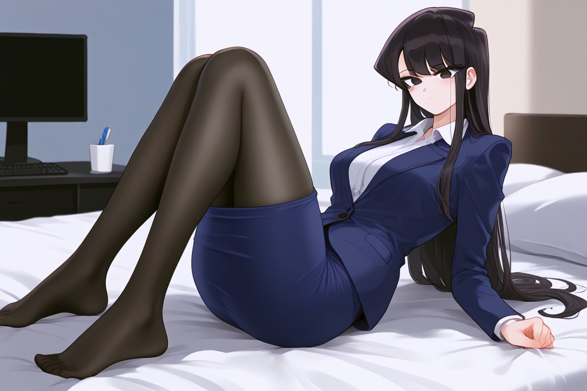 OL,office lady,on bed, bangs, long hair, black eyes,Black hair,Komi shouko,normal feet,mirham