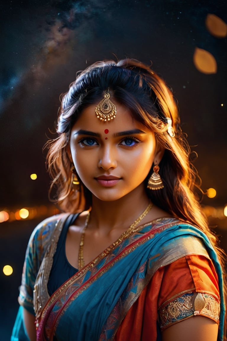 (masterpiece), 8k, UHD, HDR, photorealism, best quality, digital art, cinematic quality, film story, portrait, art, realistic art, digital illustration, bright rich colors, watercolor, oil paints, alcohol ink, full body portrait of a indian girl,   24 years old, blue eyes, full body portrait photography in RAW uhd format, (looks at the camera), pretty face, night, mirror light, mirror camera, exceptional quality, sharp focus, sharpness, sharp focus, bokeh (dark light), inspiration.