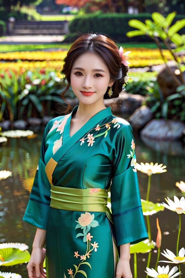 masterpiece, best quality, 8k, professional photography, ultra-high resolution, ultra-high quality, super bright scene, very bright backlighting, solo, adult japanese woman, 35 year old, beautiful and detailed eyes, high detailed asian dress, small breasts, natural and soft light, delicate facial features, young beauty spirit , extrem high quality, shy smile, long curly black hair, slim body, walking in a park, pond in the background, colorful elegant silk dress, looking and smiling at viewer,  very slim face, full body view, Asian, ao dai