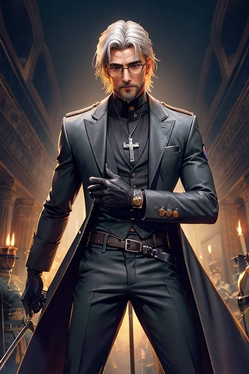 solo male, Alexander Anderson, Hellsing, Catholic priest, short silver-blond hair, green eyes, tanned skin, defined squared jaw, light facial hair, wedge-shaped scar on left cheek, round glasses, black clerical collar shirt with blue trim, black trousers, black boot, open purple-ish grey coat, open coat, white gloves, single silver cross necklace, mature, middle-aged, imposing, tall, handsome, charming, alluring, evil grin, upper body, perfect anatomy, perfect proportions, best quality, masterpiece, high_resolution, dutch angle, cowboy shot, photo background, Vatican City, fighting stance, dual wielding, holding swords