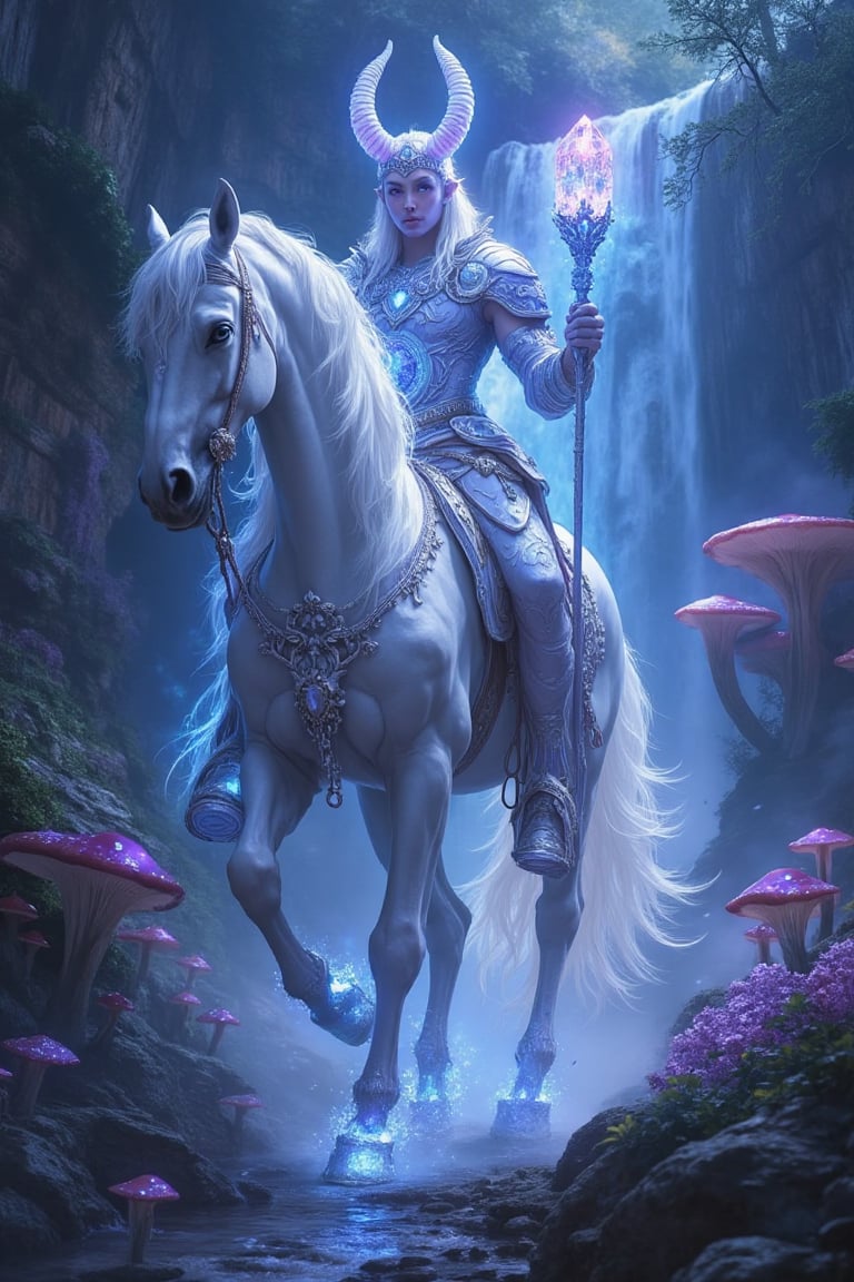A majestic full-body depiction of an albino centaur adorned with intricate details. The centaur’s powerful horse body shim...