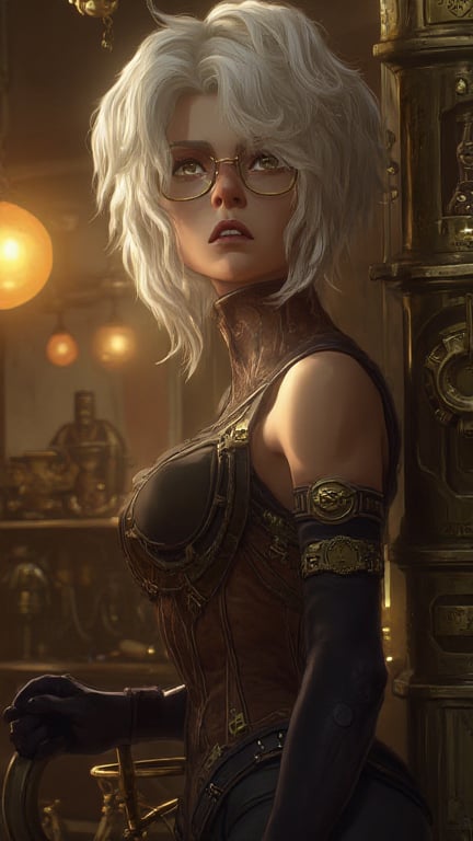 Arcane-style medium full shot of a stunning 30-year-old British albino female mechanic. She has wavy,  shoulder-length whi...