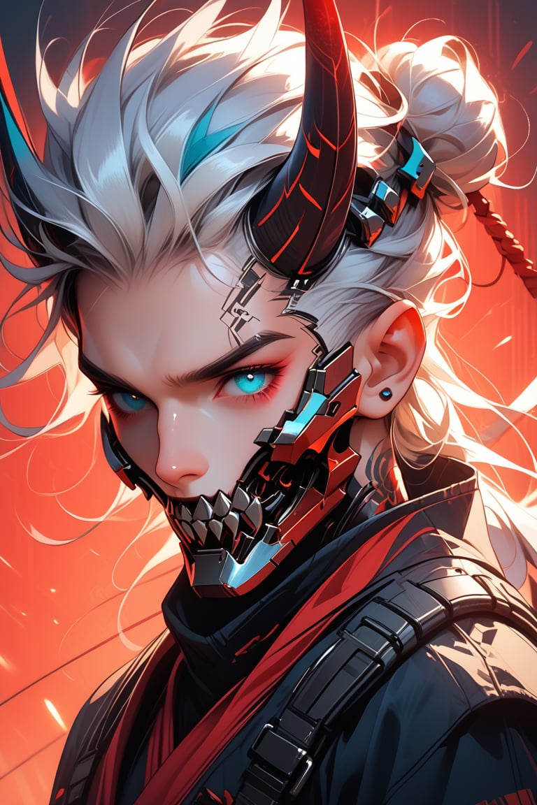  a full boy  chibi-style character with a futuristic and cyberpunk aesthetic. The character has pale white hair styled in a high bun with aqua blue tips. They have elf-like ears, sharp eyebrows, and glowing, multicolored eyes. The character wears a high-tech mask with neon accents and horns protruding from the head, creating a devilish appearance. The outfit is a combination of sleek, armored pieces with Chinese characters on the chest, exuding a high-tech warrior, in tokio 