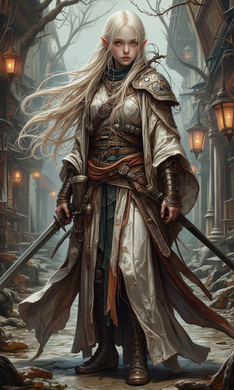 full body battle poso of a albino woman warrior steampunk new era 2025+ ,  albino woman,  loisvb style ilustracion realist...