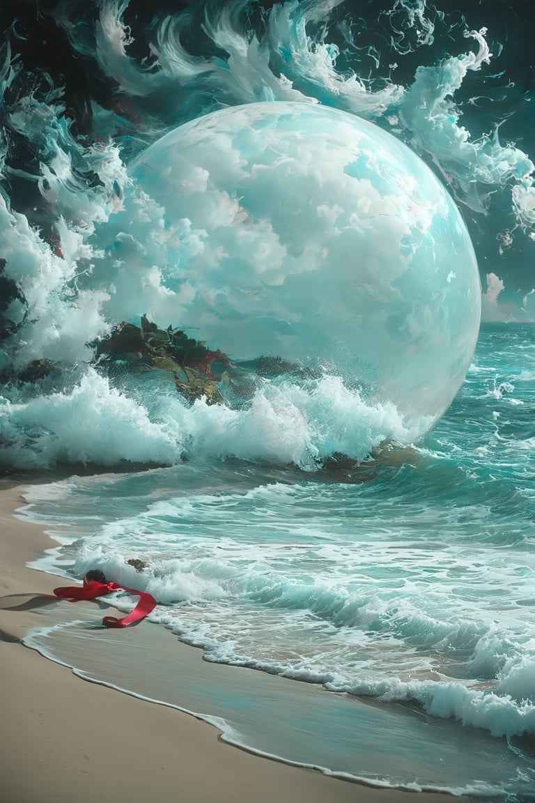 fotografiahiperrealista, render2d, 8k, unsetting, syntografia, intrincatesdetails, . Pristine beach with soft, sandy shores and gentle waves. Enormous glass sphere, perfectly transparent, resting on sand. Oversized red ribbon wrapped around the sphere, flowing and billowing in imaginary wind. Distorted reflections in glass, merging sky and sea. Dreamy, muted palette for beach, vivid red for ribbon. Subtle watercolor textures, wet-on-wet technique. Magritte-esque juxtaposition of reality and fantasy. Thought-provoking, whimsical scene