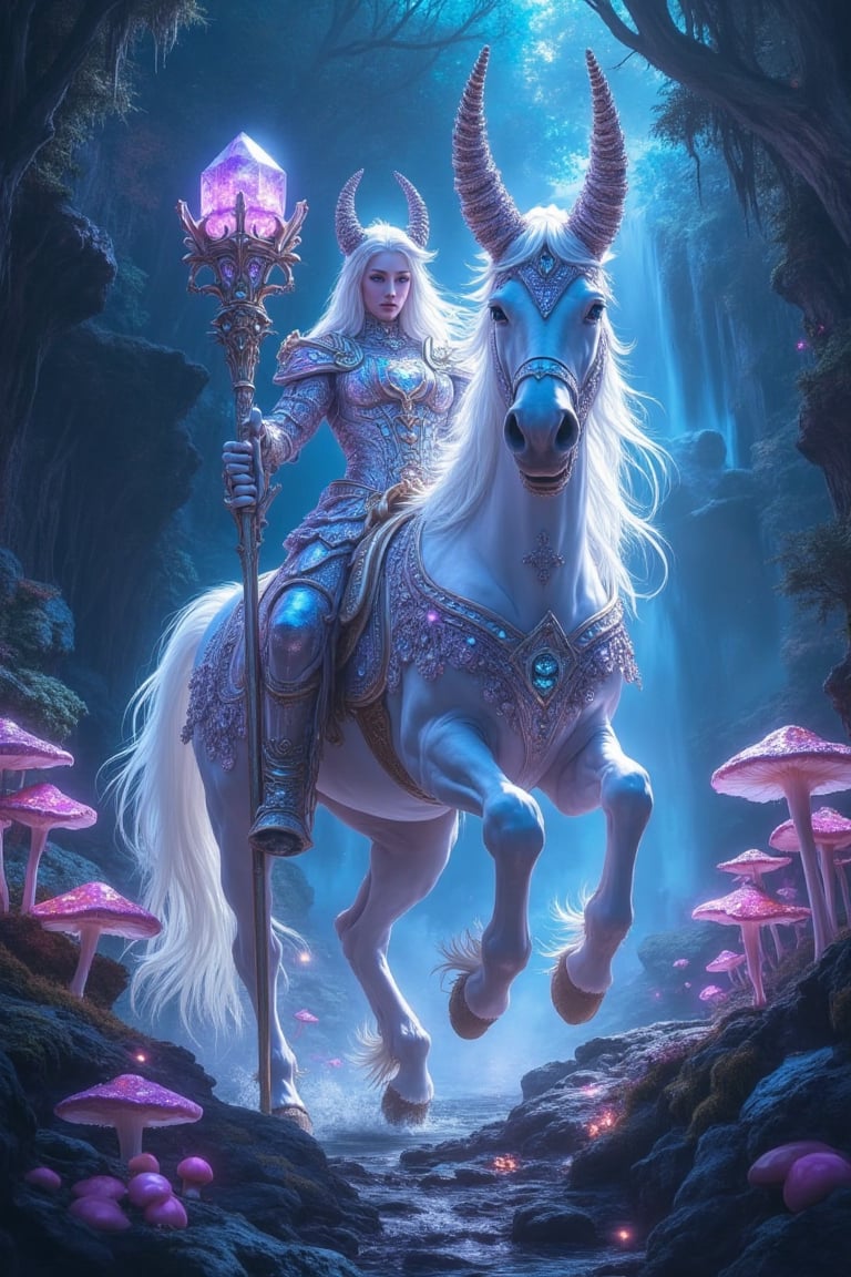 A majestic full-body depiction of an albino centaur adorned with intricate details. The centaur’s powerful horse body shim...