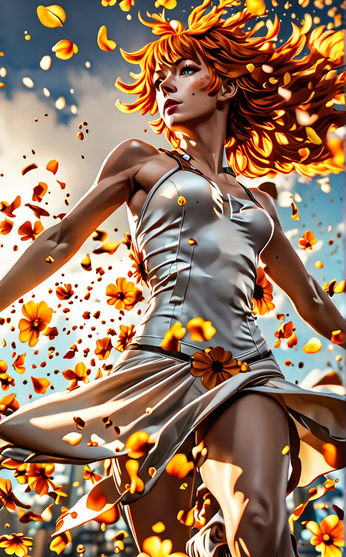 Leeloo character, movie action pose sense of beauty and a wonder, sunset, 8k UHD, alberto seveso style,EpicSky,arcane, wide_hips, amber glow, flower petals flying with the wind, hazel eyes 