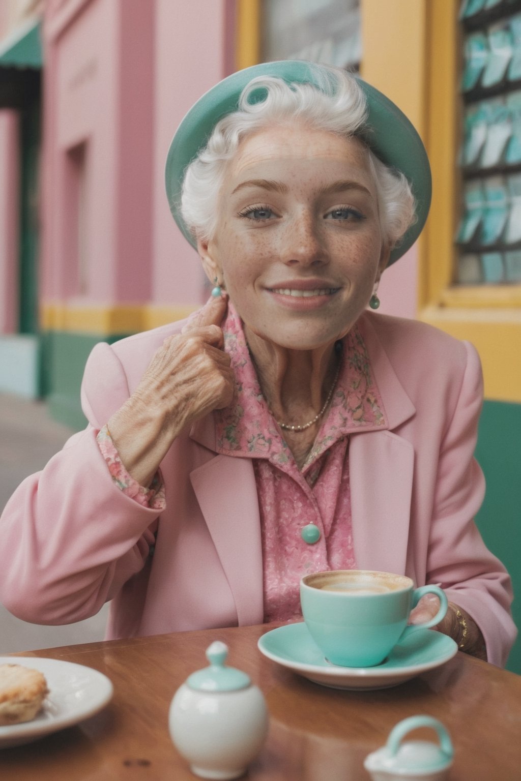 hyper realistic photography of A old smile happy woman old 89 year sit in a coffe riendo como loca   in editorial fashion show , clothes in mint and pink vintage  ,hyper details fashion editorial style 