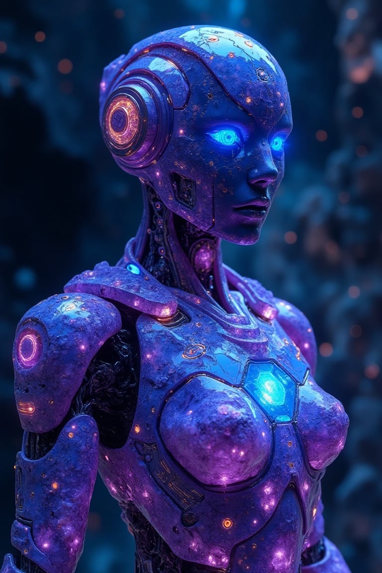 A futuristic AI chatbot crafted entirely from shimmering azurite and amethyst gemstones. Its sleek,  humanoid design radia...