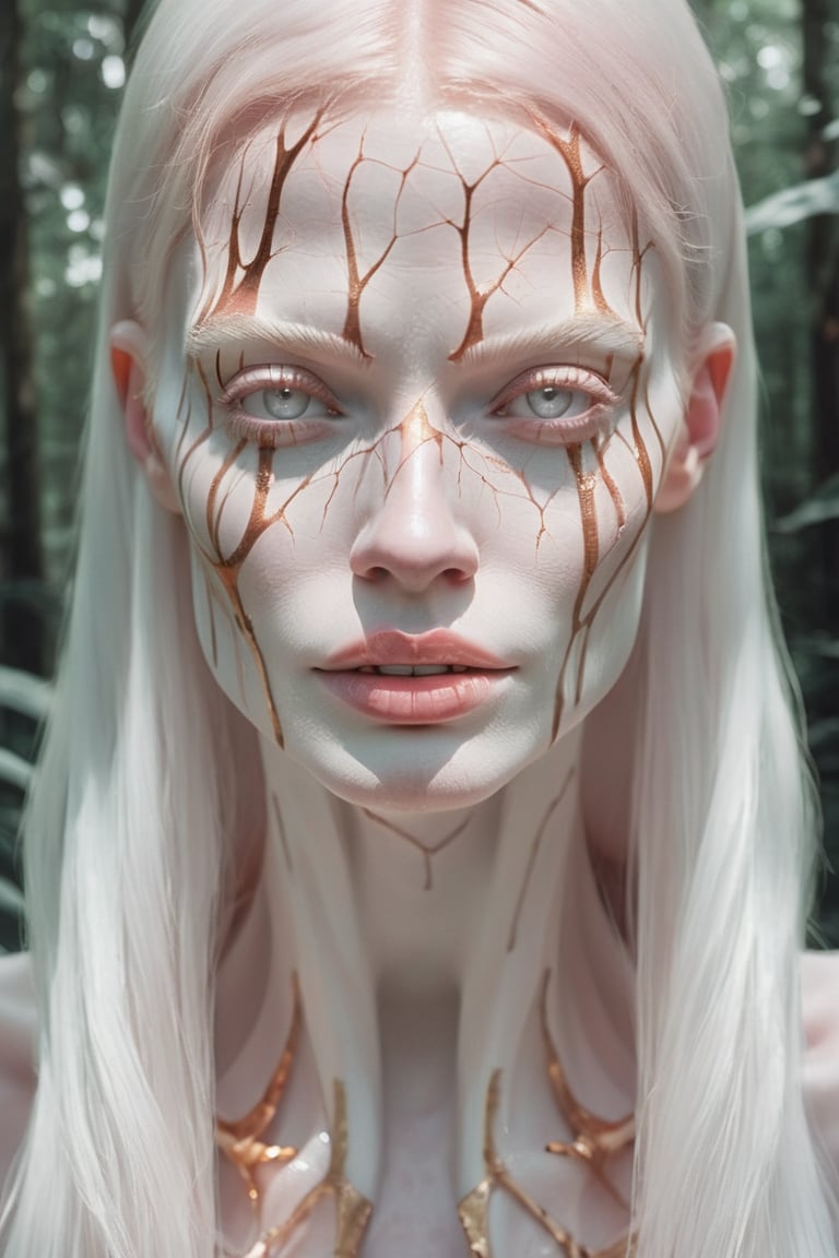 albino woman  all in nacar and rosegold , , background forest