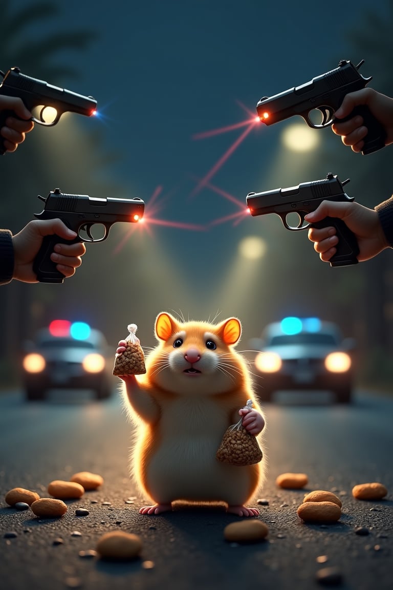 A small funny hamster stands on an asphalt road and raises his hands up. Several pistols with laser pointers are aimed at the hamster from above. The hamster has a frightened expression on his face. The fat hamster holds bags of nuts in his hands. It is dark, the hamster is under the light of spotlights, the lights of police cars are in the background. Adorable, cute, funny. realistic, higly detailed, cinematic, cartoonish atmosphere