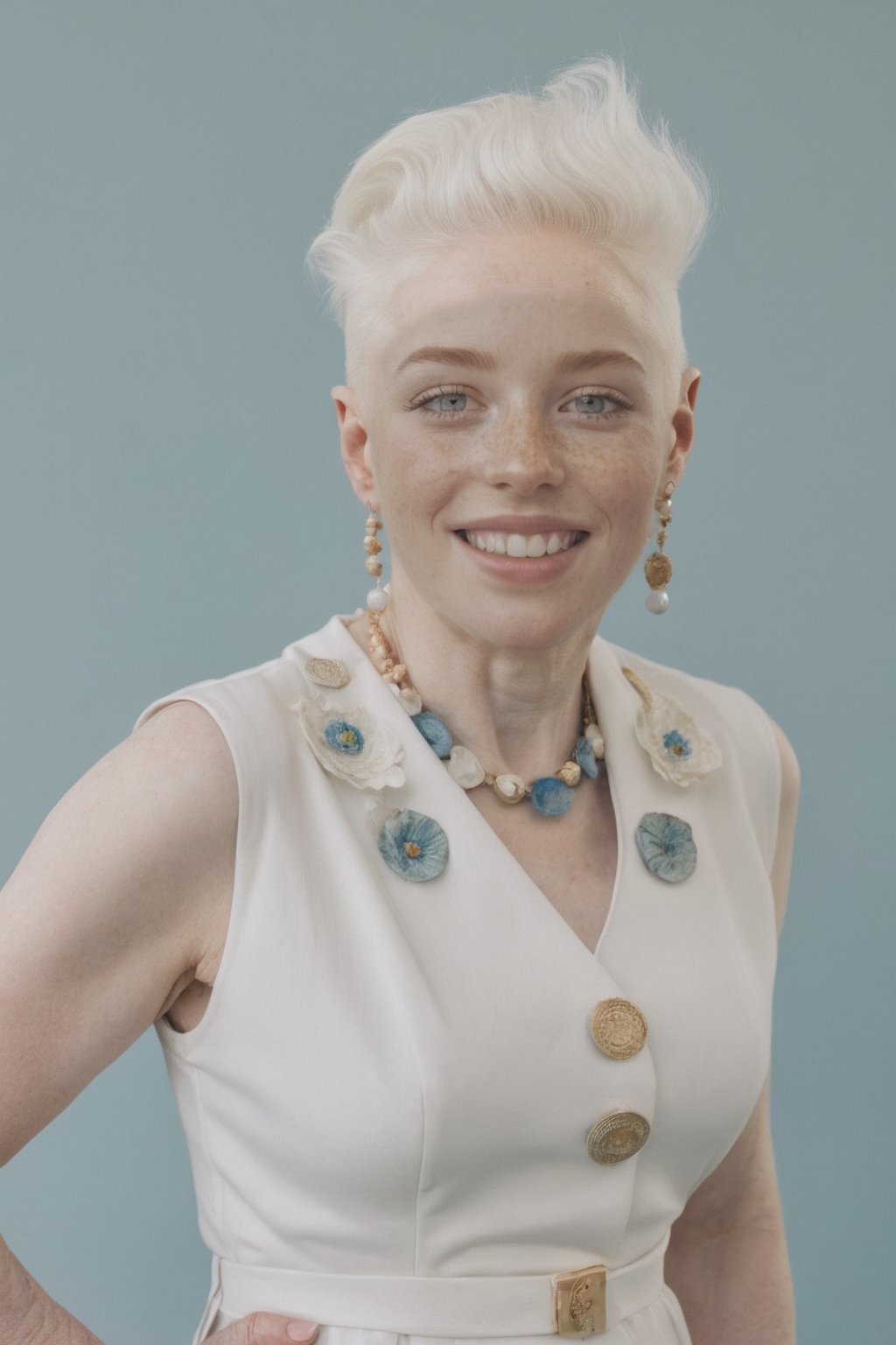 hyper realistic photography of A albino old smile happy woman in editorial fashion show , clothes of springs ,hyper details
