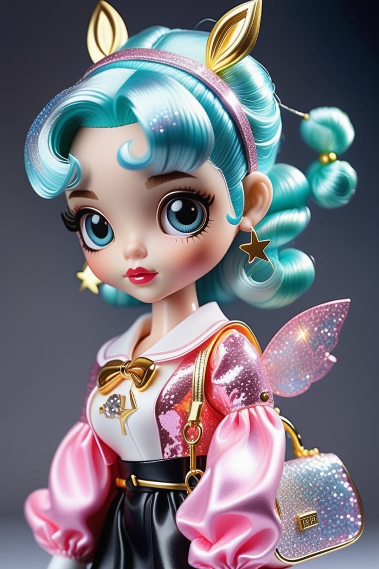 girl toy doll nerdoid style , glitters and shine , ella lleva regalos , y bolsos de viaje 