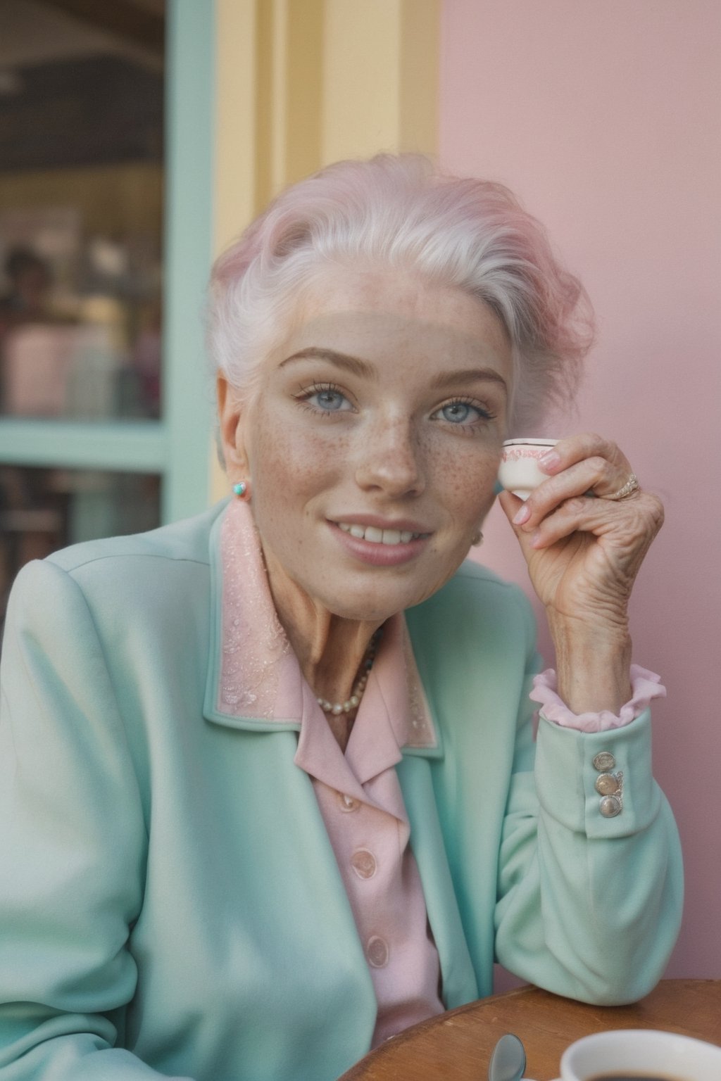 hyper realistic photography of A old smile happy woman old 89 year sit in a coffe riendo como loca   in editorial fashion show , clothes in mint and pink vintage  ,hyper details fashion editorial style 