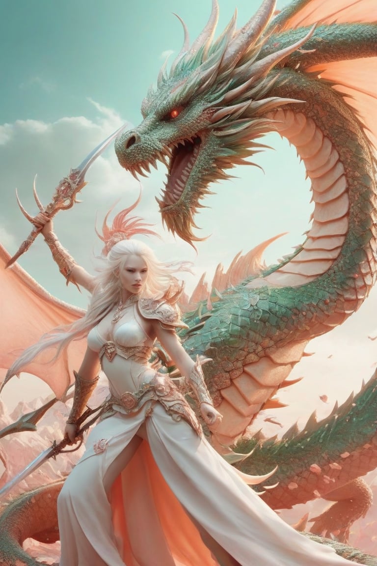 albino woman reaper warrior,
rasperry all in mint and peach, backgrund gigant dragon in a battle,Rong,Long,DRAGON,Dragon