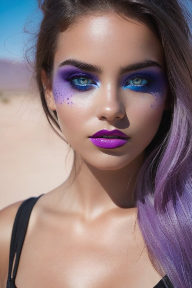 Chica con desierto de fondo. Viste un sujetador de color negro. Sus hermosos ojos azules con tonos violetas,  un par de pe...