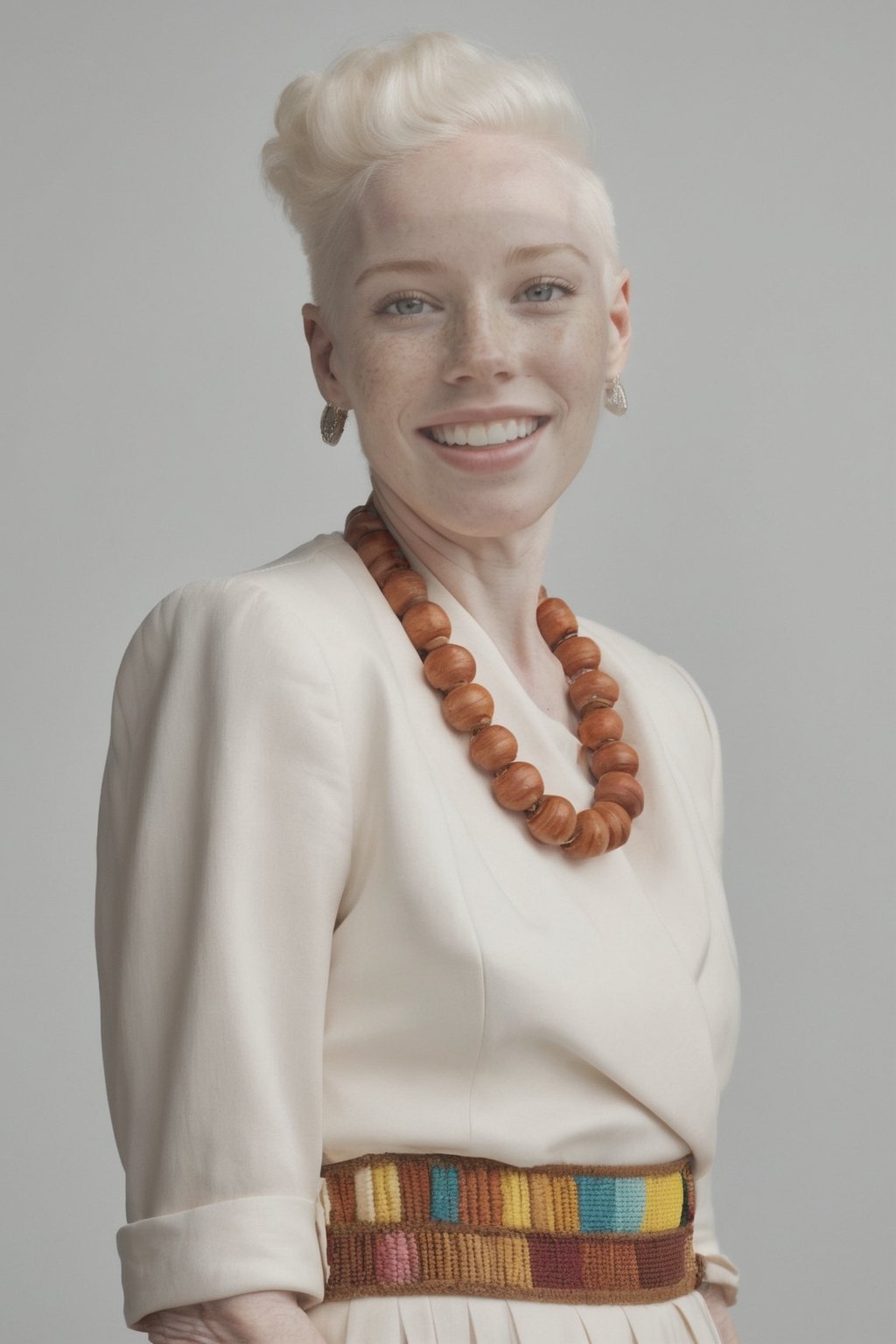 hyper realistic photography of A albino old smile happy woman in editorial fashion show , clothes of springs ,hyper details
