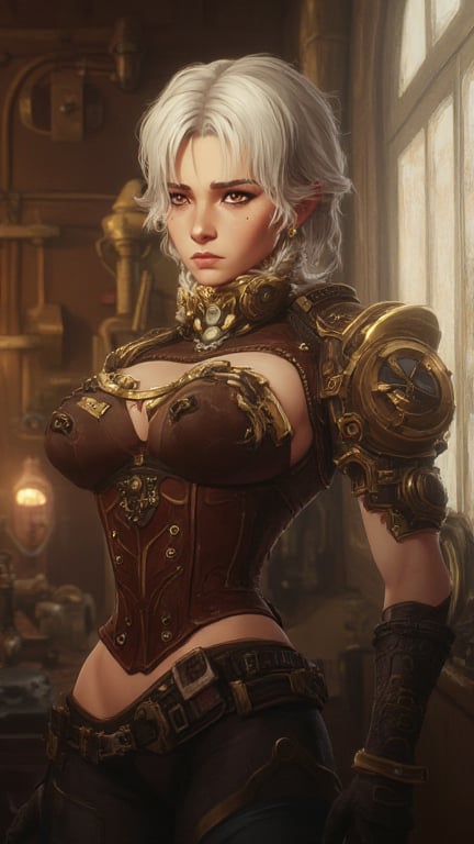 Arcane-style medium full shot of a stunning 30-year-old British albino female mechanic. She has wavy,  shoulder-length whi...