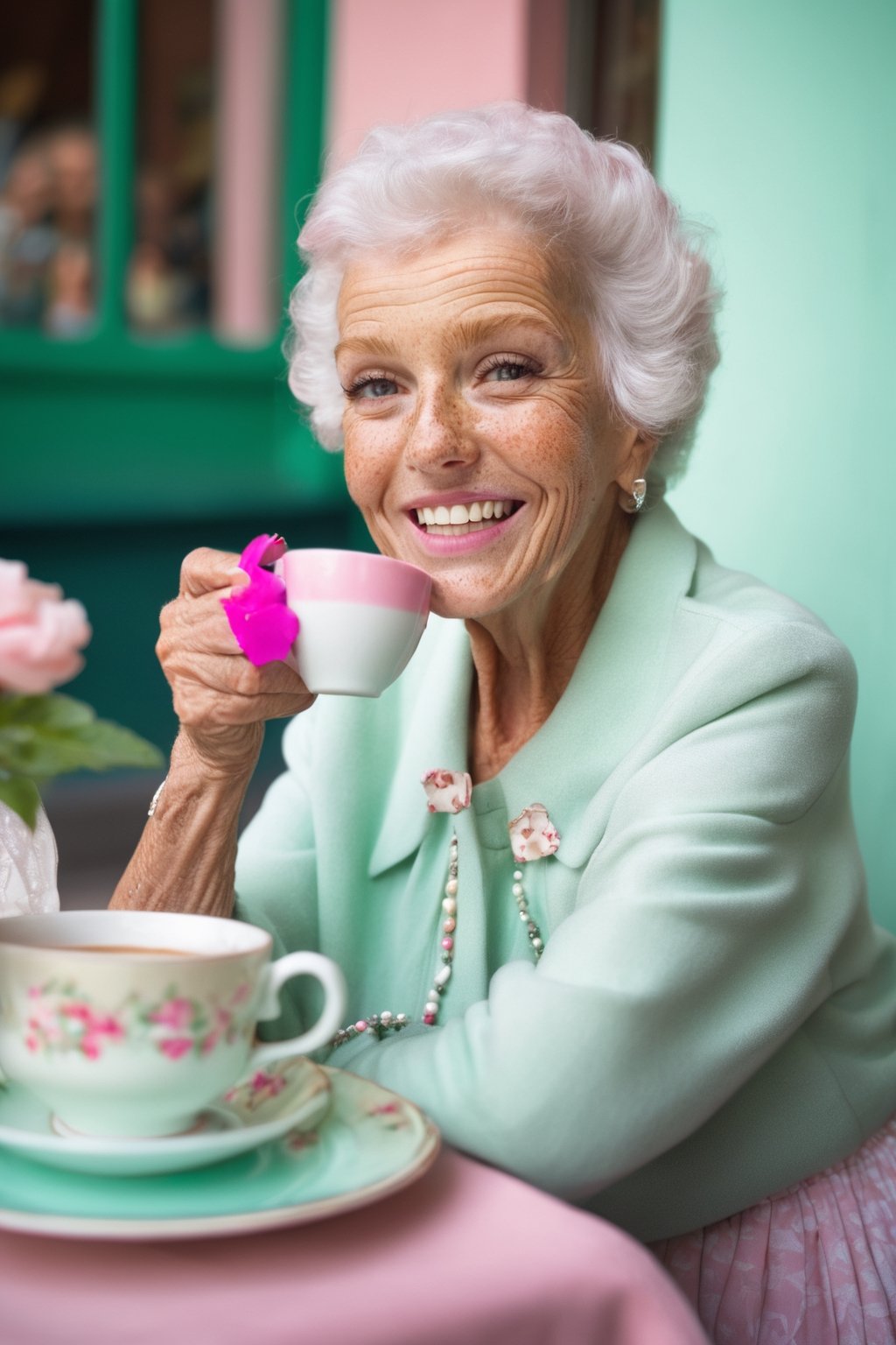 hyper realistic photography of A old smile happy woman old 89 year sit in a coffe riendo como loca   in editorial fashion show , clothes in mint and pink vintage  ,hyper details fashion editorial style 