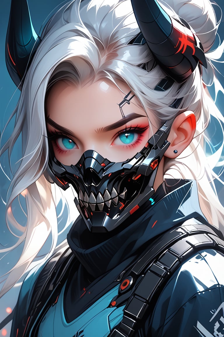  a chibi-style character with a futuristic and cyberpunk aesthetic. The character has pale white hair styled in a high bun with aqua blue tips. They have elf-like ears, sharp eyebrows, and glowing, multicolored eyes. The character wears a high-tech mask with neon accents and horns protruding from the head, creating a devilish appearance. The outfit is a combination of sleek, armored pieces with Chinese characters on the chest, exuding a high-tech warrior, in tokio 