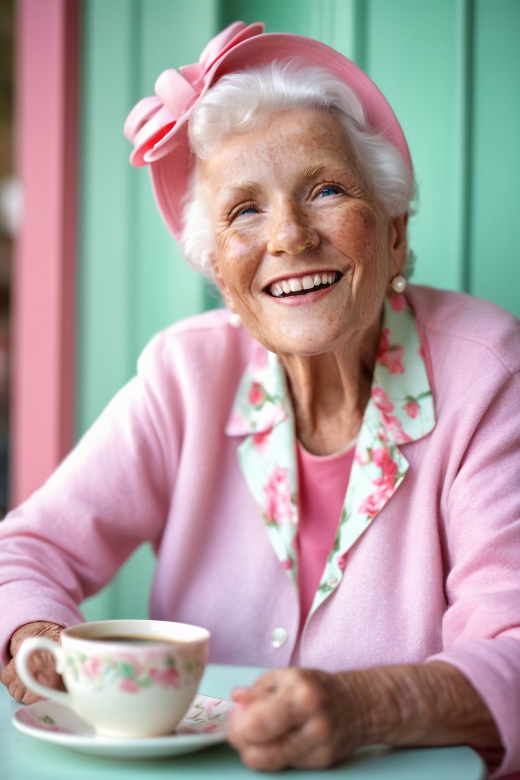 hyper realistic photography of A old smile happy woman old 89 year sit in a coffe riendo como loca   in editorial fashion show , clothes in mint and pink vintage  ,hyper details fashion editorial style 