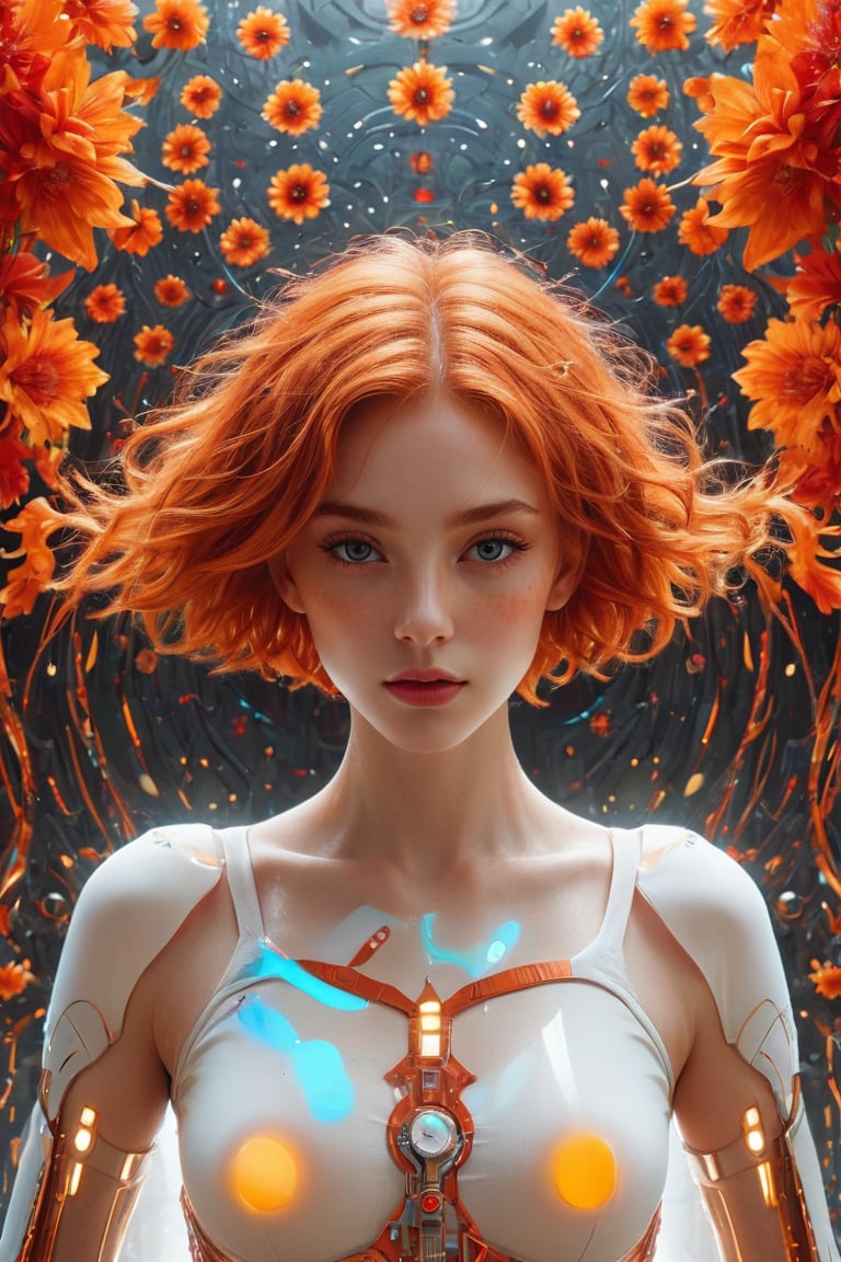 A striking minimalist illustration of a young pretty woman with vibrant orange hair, standing confidently against a simple backdrop. She wears a fitted white t-shirt with text Home , clingy orange patches that emphasize her toned figure. A surrealistic humanoid face, adorned with vivid red flowers and intricate golden and red circuitry, creates a futuristic and technological vibe. The captivating red eyes draw the viewer in, while the swirling kaleidoscope background hints at an energetic and lively atmosphere. The image exudes a mystical, otherworldly charm and evokes the essence of dark fantasy fashion.