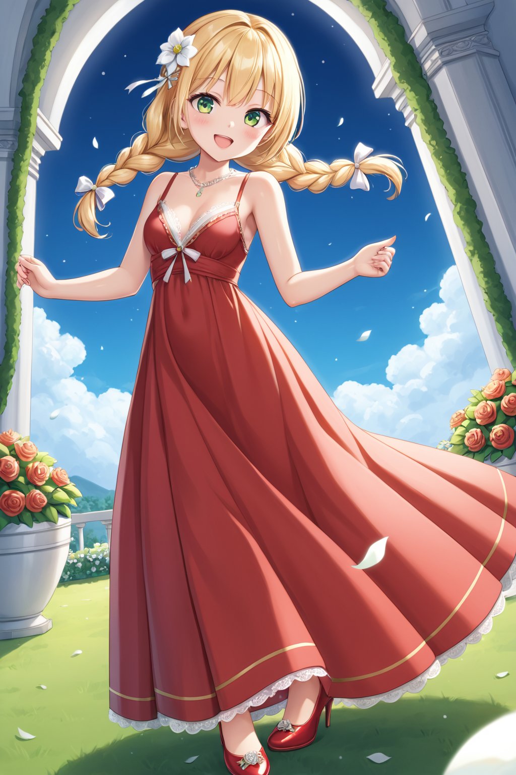 Portrait, female, teenager, 17 years old, blonde, pigtail, braid, green eyes, white skin, elegant clothes, strappy dress with lace, long dress, fitted dress, red dress, coat, medium stiletto shoes, proportionate body, top focus, aerial view, looking at the sky, raising hands, cheerful, smiling, night, half lighting, large garden, imposing mansion,