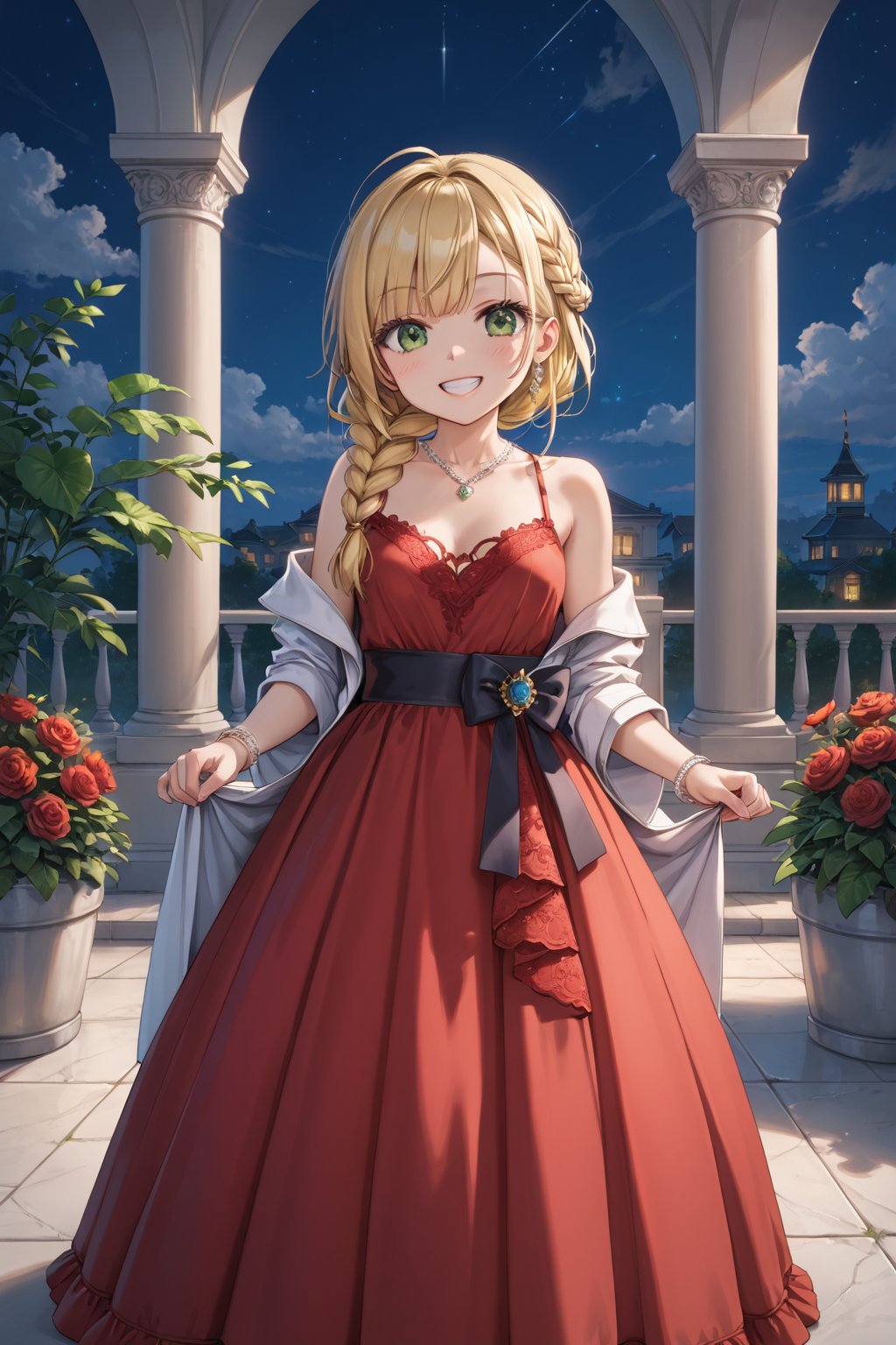 Portrait, female, teenager, 17 years old, blonde, pigtail, braid, green eyes, white skin, elegant clothes, strappy dress with lace, long dress, fitted dress, red dress, coat, medium stiletto shoes, proportionate body, top focus, aerial view, looking at the sky, raising hands, cheerful, smiling, night, half lighting, large garden, imposing mansion,