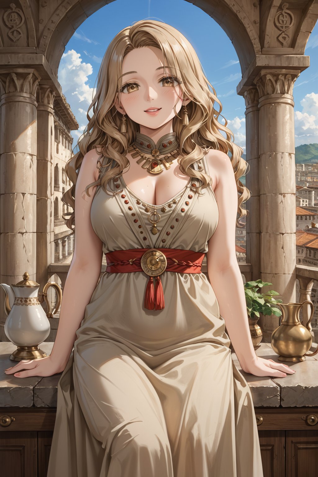 A woman, 19 years old, light tanned skin, extremely long wavy hair, light brown eyes, ancient world, Hebrew city, ancient dress, fitted dress, looking over shoulder, beautiful, would be, pitcher in arms,