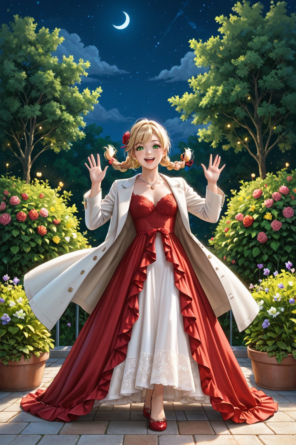 Portrait, female, teenager, 17 years old, blonde, pigtail, braid, green eyes, white skin, elegant clothes, strappy dress with lace, long dress, fitted dress, red dress, coat, medium stiletto shoes, proportionate body, top focus, aerial view, looking at the sky, raising hands, cheerful, smiling, night, half lighting, large garden, imposing mansion,