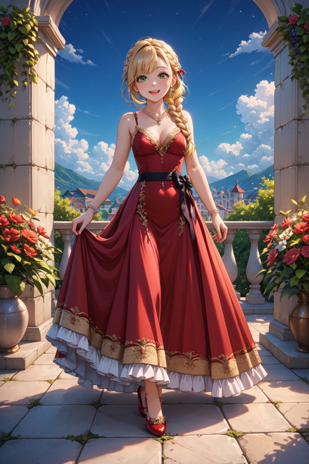 Portrait, female, teenager, 17 years old, blonde, pigtail, braid, green eyes, white skin, elegant clothes, strappy dress with lace, long dress, fitted dress, red dress, coat, medium stiletto shoes, proportionate body, top focus, aerial view, looking at the sky, raising hands, cheerful, smiling, night, half lighting, large garden, imposing mansion,