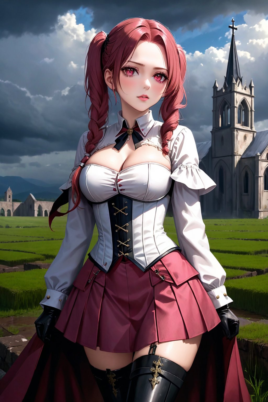 /(Woman, 18 years old, beautiful, sexy), (field, church, cloudy sky, rain,) /(blood on her clothes, corpses around, ruins,), /(proud, arrogant, indifferent,), /(proportionate body, large breasts, shapely legs, medium waist, medium hips, perfect hands, perfect face, perfect eyes,), /(pink hair, extremely long hair, hair combed in two pigtails, white skin, red eyes,), /(18th century style military clothing, thread-tied corset, pink corset, white blouse, long sleeve blouse, lace blouse, pink miniskirt, pleated miniskirt, white boots, thigh-high boots, boots held up by garters, metal mittens, metal knee pads, metal shoulder pads, cape, hair pin,),