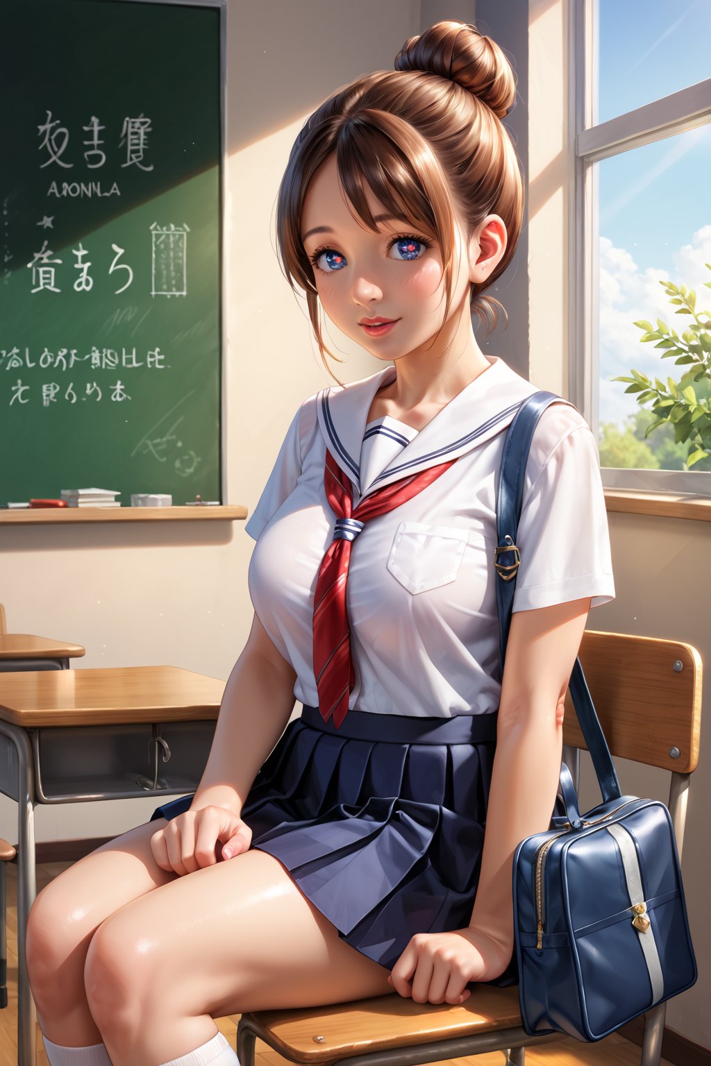 Student, high school, female, 17 years old, mature, beautiful, school uniform, bag in hands, bun, bun hair, long hair, silky hair, neat hair, light hair, ponytail, beautiful, fair skin, ((proportionate body;)), ((perfect body,)), ((fine features,)), ((detailed face,)), ((perfect skin,)), ((almond-shaped eyes,)), ((perfect eyes,)), classroom, chair, sitting, crossing her legs,