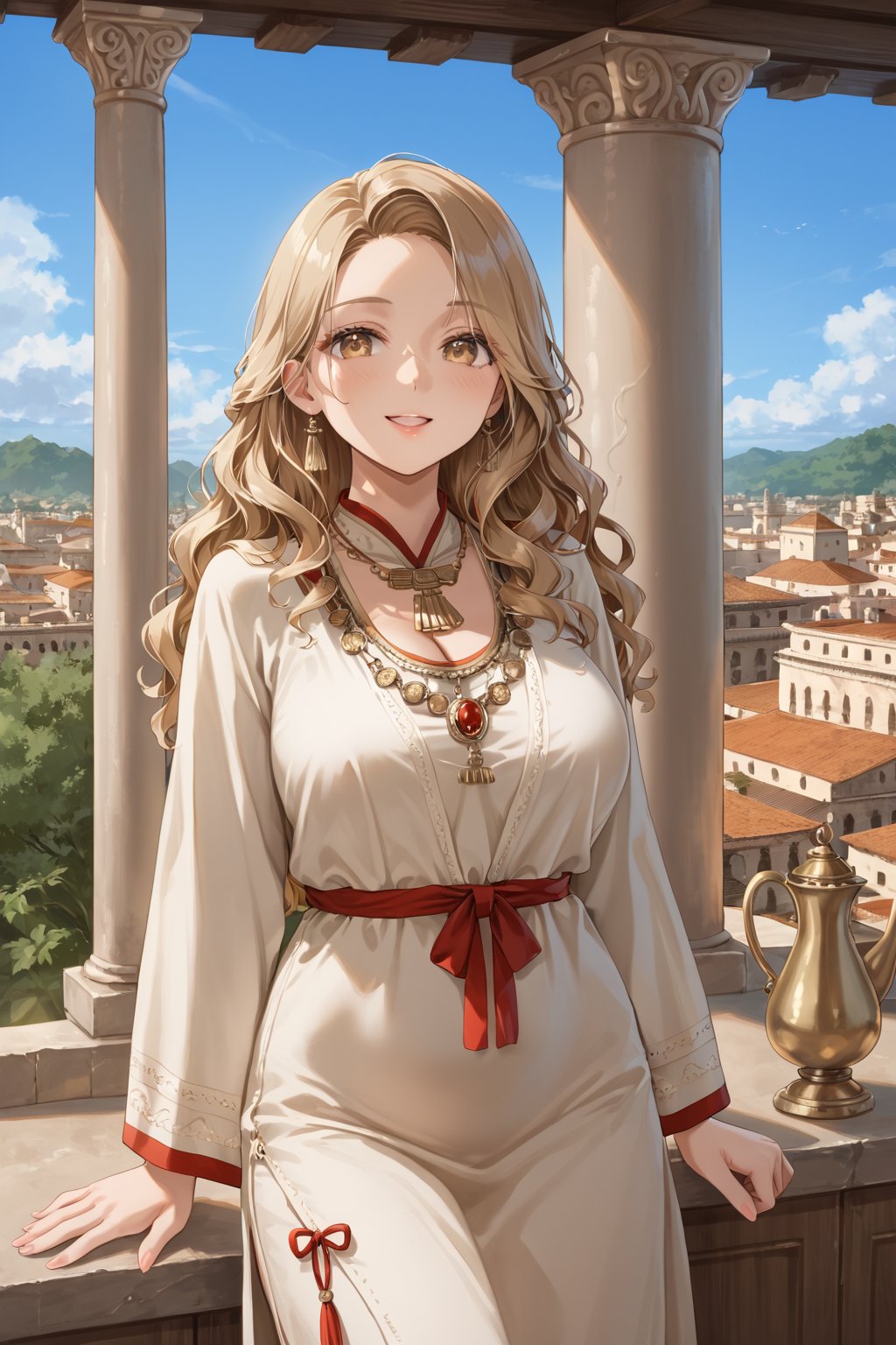 A woman, 19 years old, light tanned skin, extremely long wavy hair, light brown eyes, ancient world, Hebrew city, ancient dress, fitted dress, looking over shoulder, beautiful, would be, pitcher in arms,