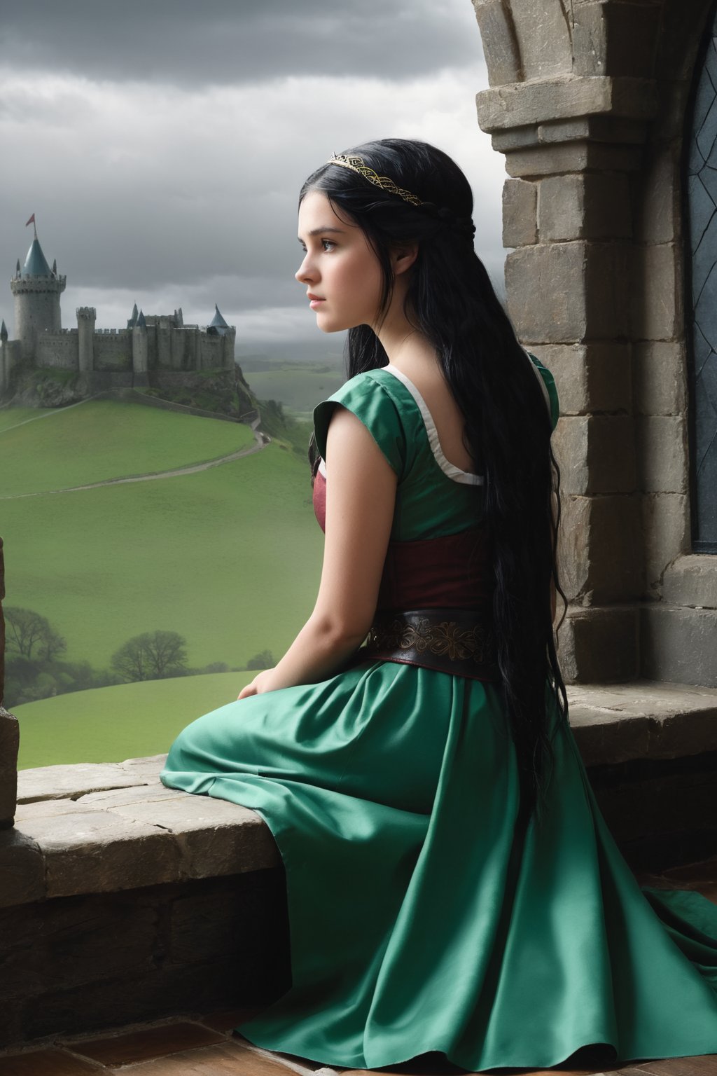 Female, teenager, 17 years old, medieval, fantasy world, in room, castle, rainy sky, sitting, floor, /(left profile, left profile approach, looking at the sky, looking out the window,), silk clothing, noble clothing, fitted dress, waist band, braids, extremely long black hair, green eyes, sad, teary eyes, /(inspired by medieval novels by Tolkien, Sanderson, George R.R. Martin,),