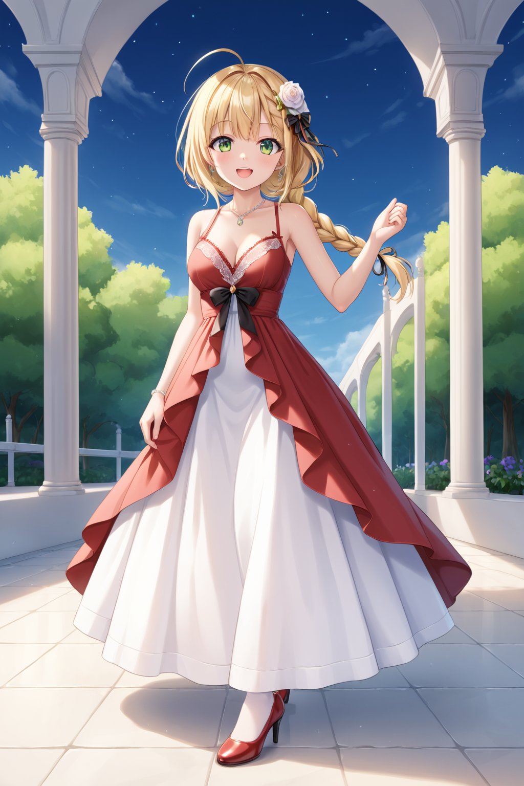 Portrait, female, teenager, 17 years old, blonde, pigtail, braid, green eyes, white skin, elegant clothes, strappy dress with lace, long dress, fitted dress, red dress, coat, medium stiletto shoes, proportionate body, top focus, aerial view, looking at the sky, raising hands, cheerful, smiling, night, half lighting, large garden, imposing mansion,